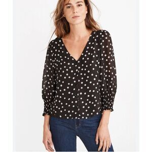 Madewell Smocked-Cuff Button Up Shirt Black and White Polka Dot Top Size 10
